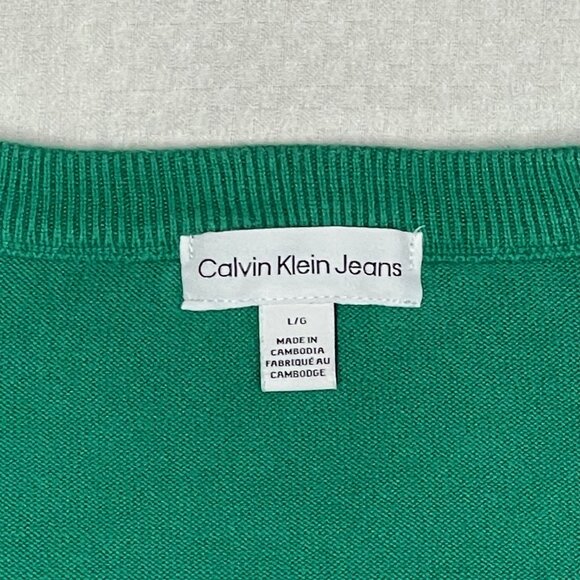Calvin Klein Jeans Green V-Neck Sweater | Size Large | Classic 100% Cotton Knit - Picture 3 of 7